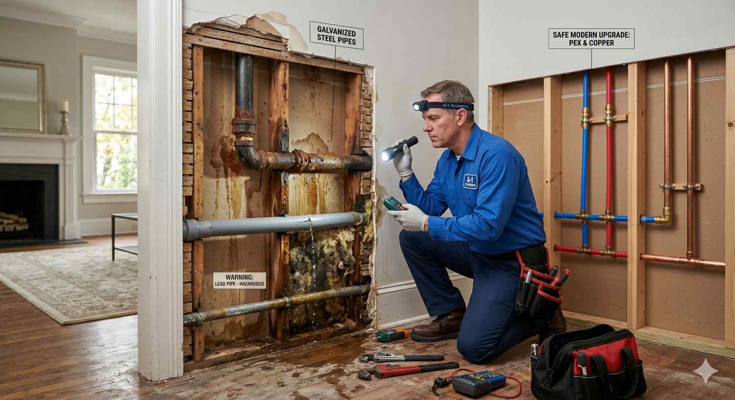 A plumber inspects damaged galvanized steel pipes inside an exposed wall with visible rust and water damage, while a nearby display shows modern PEX and copper piping upgrades for safer residential plumbing replacement.