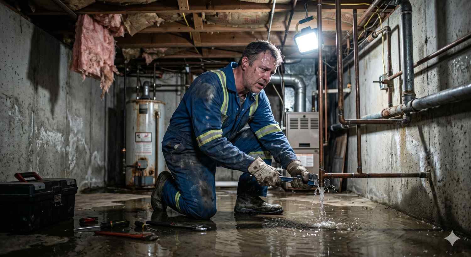 A plumber kneels in a flooded basement repairing a leaking pipe with a wrench while water sprays onto the floor. Exposed plumbing, damaged insulation, and tools nearby highlight an emergency residential plumbing repair.