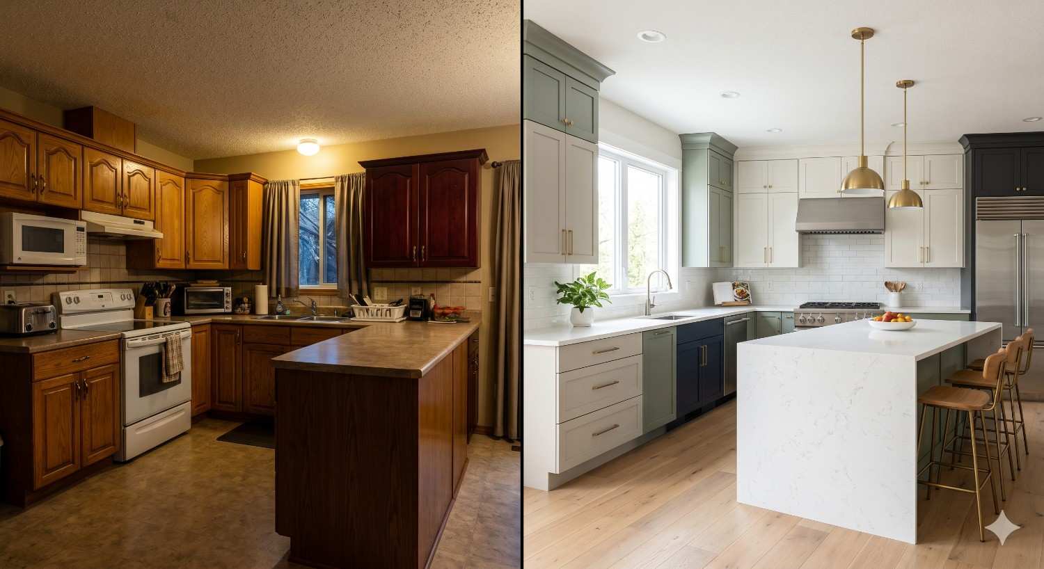 Side-by-side comparison of a dated kitchen and a modern remodeled kitchen. The renovation features bright cabinetry, a large island, updated lighting, stainless steel appliances, and an open, contemporary design.