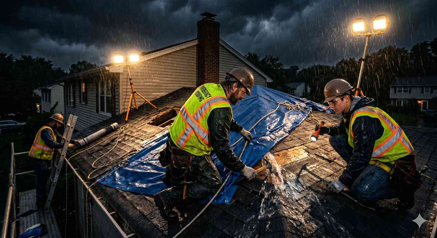 Roofing crew performing emergency roof repair during heavy rain, using tarp and tools to stop active leak on residential home at night
