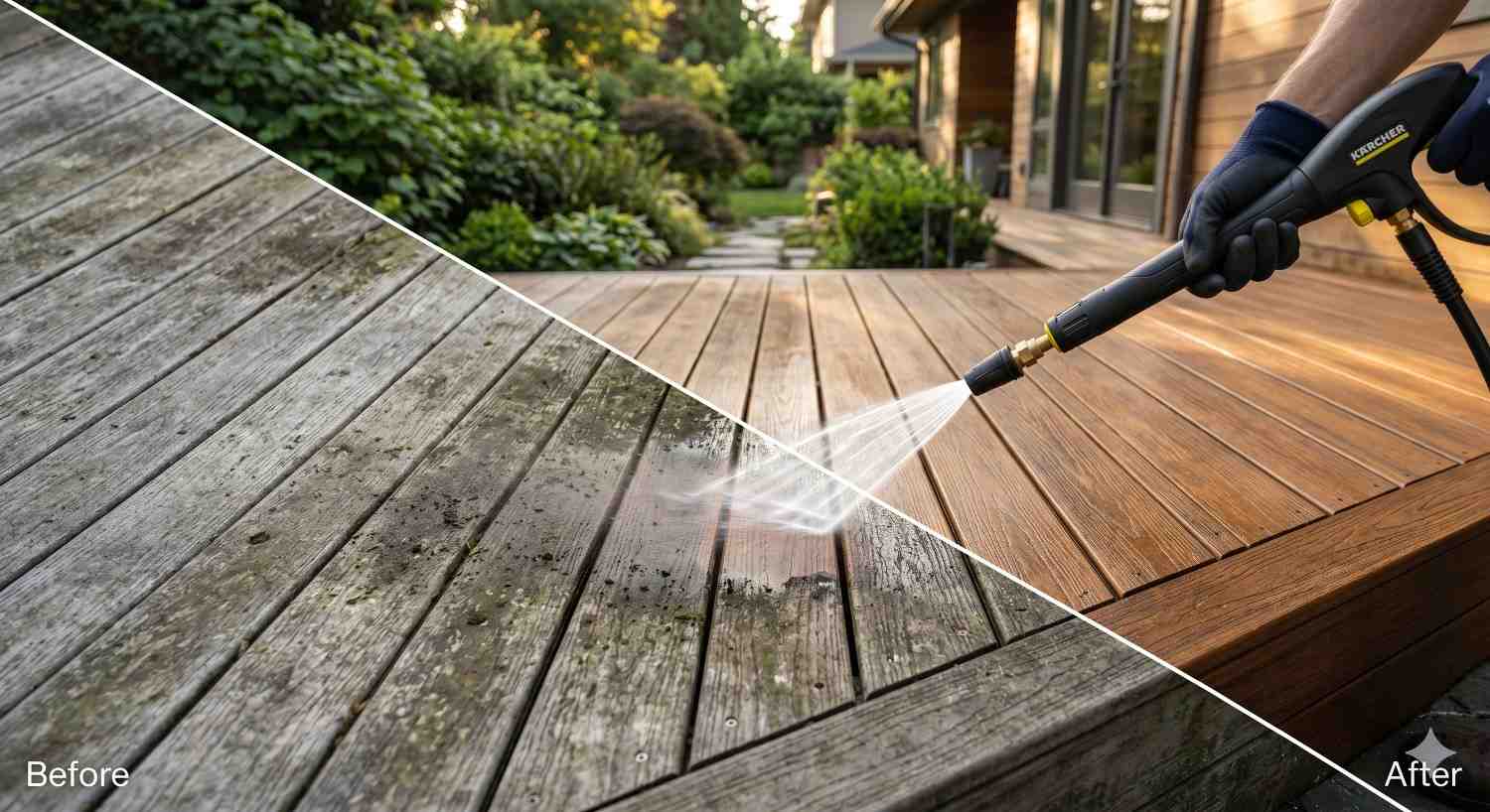 Before-and-after deck cleaning comparison showing a pressure washer restoring weathered wood decking. The left side displays a dirty, gray deck with mildew, stains, and surface buildup, while the right side reveals clean, natural wood tones. A gloved hand operates the pressure washer, demonstrating professional deck maintenance and restoration results.
