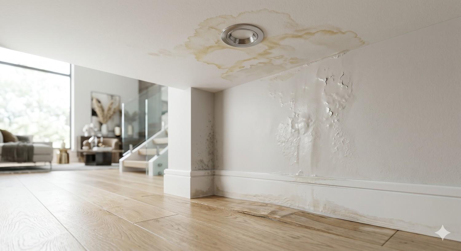 Close-up of indoor water damage showing stained ceilings, bubbling paint, warped flooring, and moisture-damaged walls in a modern home, indicating leaks, flooding, or hidden mold problems near a living area.