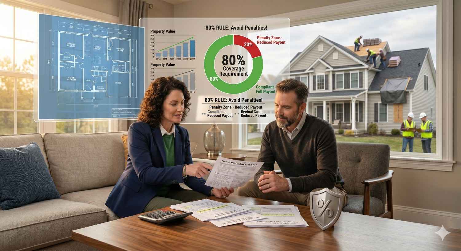 An insurance advisor reviews a homeowner’s policy with a client while charts explain coverage requirements and rebuilding costs. Outside the window, contractors repair a storm-damaged roof on a suburban home.