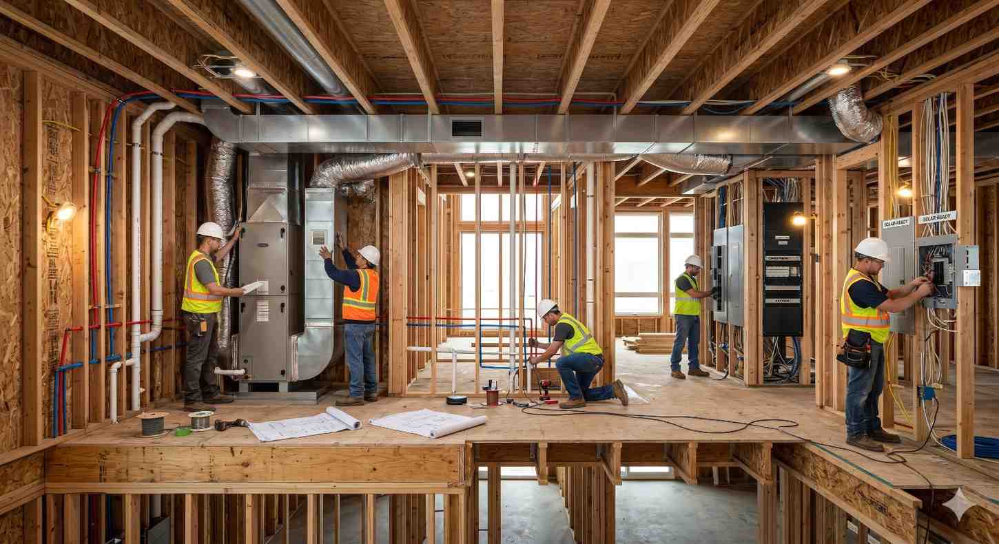 Construction workers install HVAC, electrical, and plumbing systems inside a wooden framed residential building Technicians connect wiring, ductwork, breaker panels, and piping while reviewing blueprints and equipment layouts Exposed beams, unfinished walls, and utility infrastructure reveal the complex mechanical installation process during active home construction and modern building system integration indoors safely