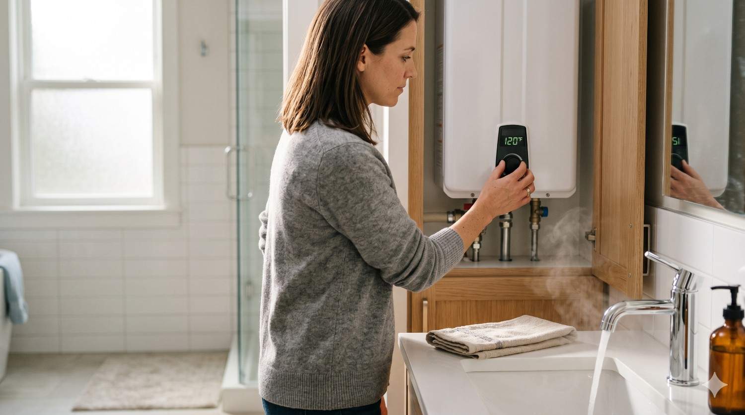 Woman adjusting the temperature on a tankless water heater in a modern bathroom. Steam rises from the sink as hot water runs, highlighting energy-efficient home plumbing, water heating control, and residential utility management in a clean contemporary space.