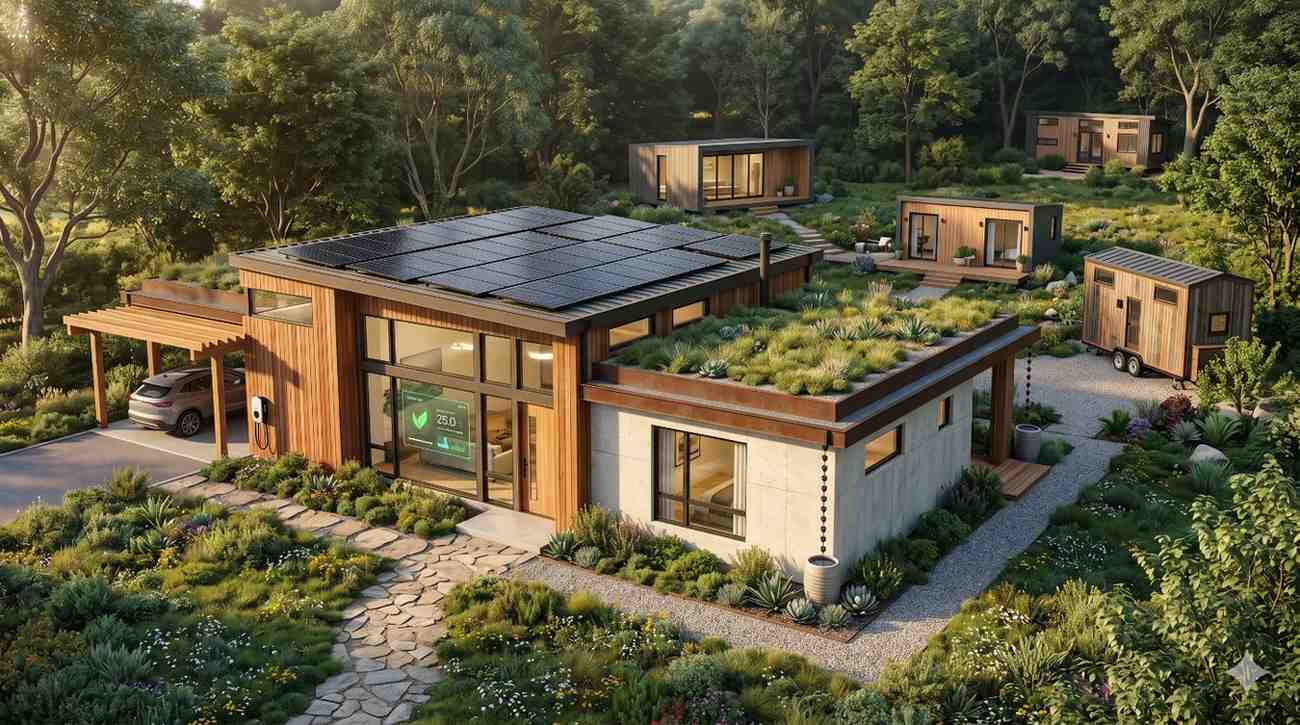 Eco friendly modern home surrounded by lush forest landscaping features rooftop solar panels, green living roof, and energy efficient design Nearby tiny houses and garden pathways create a sustainable residential community Large windows, natural wood accents, and electric vehicle charging showcase environmentally conscious architecture blending modern comfort with peaceful off grid living in nature