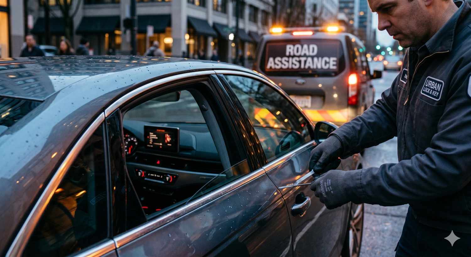 Roadside assistance locksmith unlocks a modern sedan using professional vehicle entry tools on a busy city street at dusk. Service technician wearing gloves carefully accesses the locked car while a road assistance van with flashing lights waits nearby. Urban emergency lockout service scene highlights fast automotive locksmith support, security, and reliable mobile assistance.