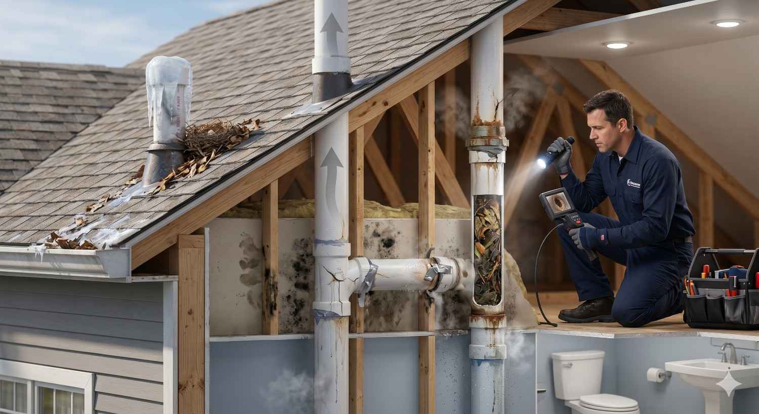 Cutaway illustration of an attic plumbing vent system with a technician inspecting a clogged vent pipe. Debris and ice block rooftop vents while arrows show airflow direction, highlighting ventilation problems, moisture damage, and potential plumbing issues inside the home.