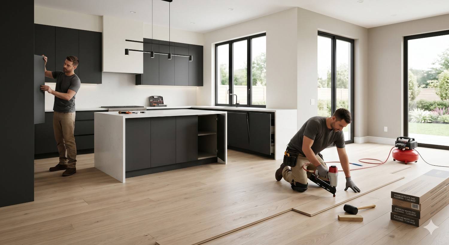 Two contractors install cabinetry and hardwood flooring in a modern kitchen renovation. One worker adjusts black cabinets while another secures floorboards with a nail gun inside the bright open-concept space.