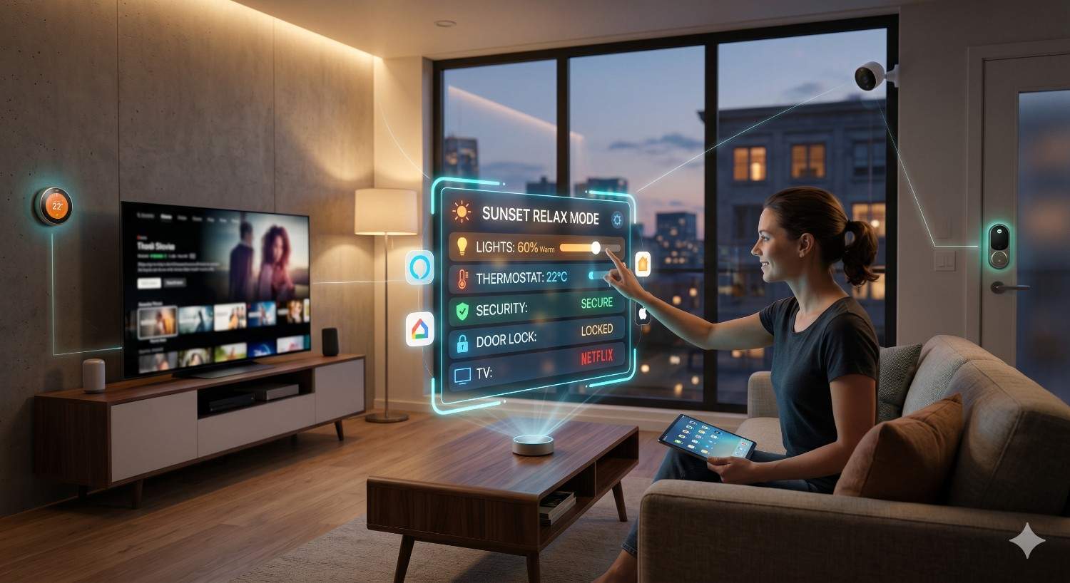 Woman controlling lighting, thermostat, and security via holographic panel in a modern living room, showcasing smart home integration for comfort and automation at sunset