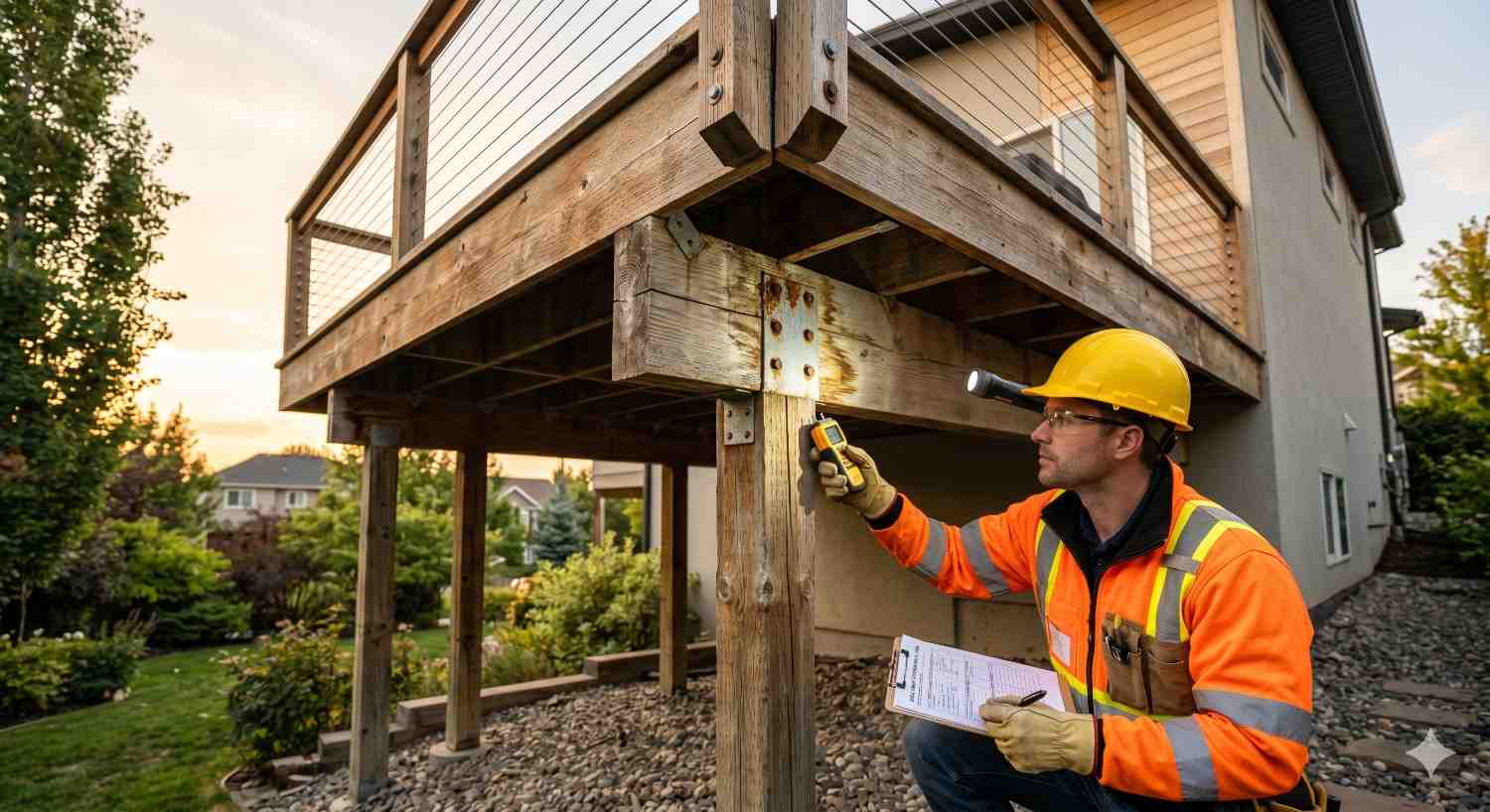 Construction inspector in a yellow hard hat and reflective safety jacket examines the support structure of an elevated wooden deck beside a suburban home. Using a handheld inspection device and clipboard, he checks beams, posts, and metal brackets for structural integrity. Warm evening light highlights the outdoor residential setting and maintained landscaping below.