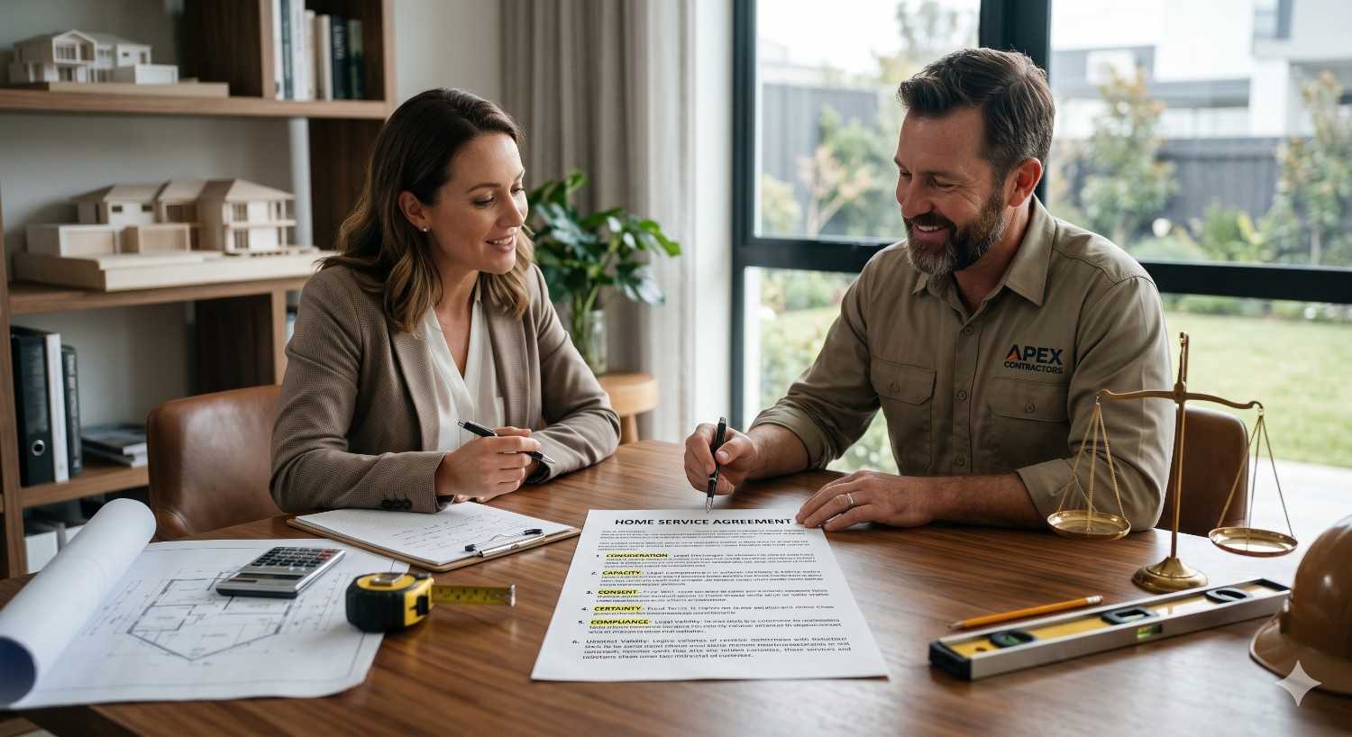 Homeowner and contractor reviewing and signing a home service agreement at a table with blueprints, tools, and measuring equipment. The professional meeting in a modern office highlights renovation planning, contract approval, and residential construction services.