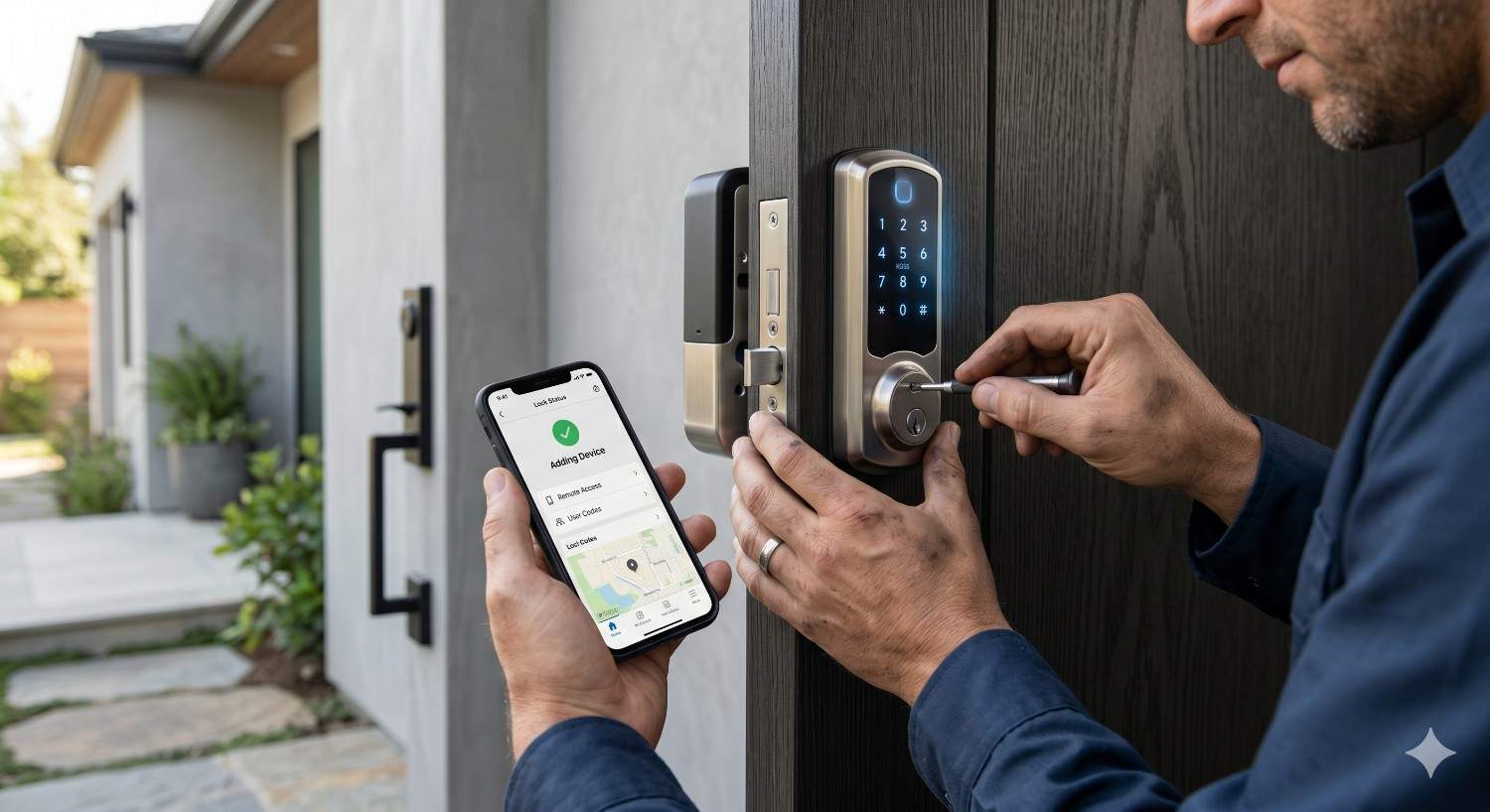 Technician installing a smart door lock on a modern front door while configuring settings on a smartphone for secure smart door lock installation