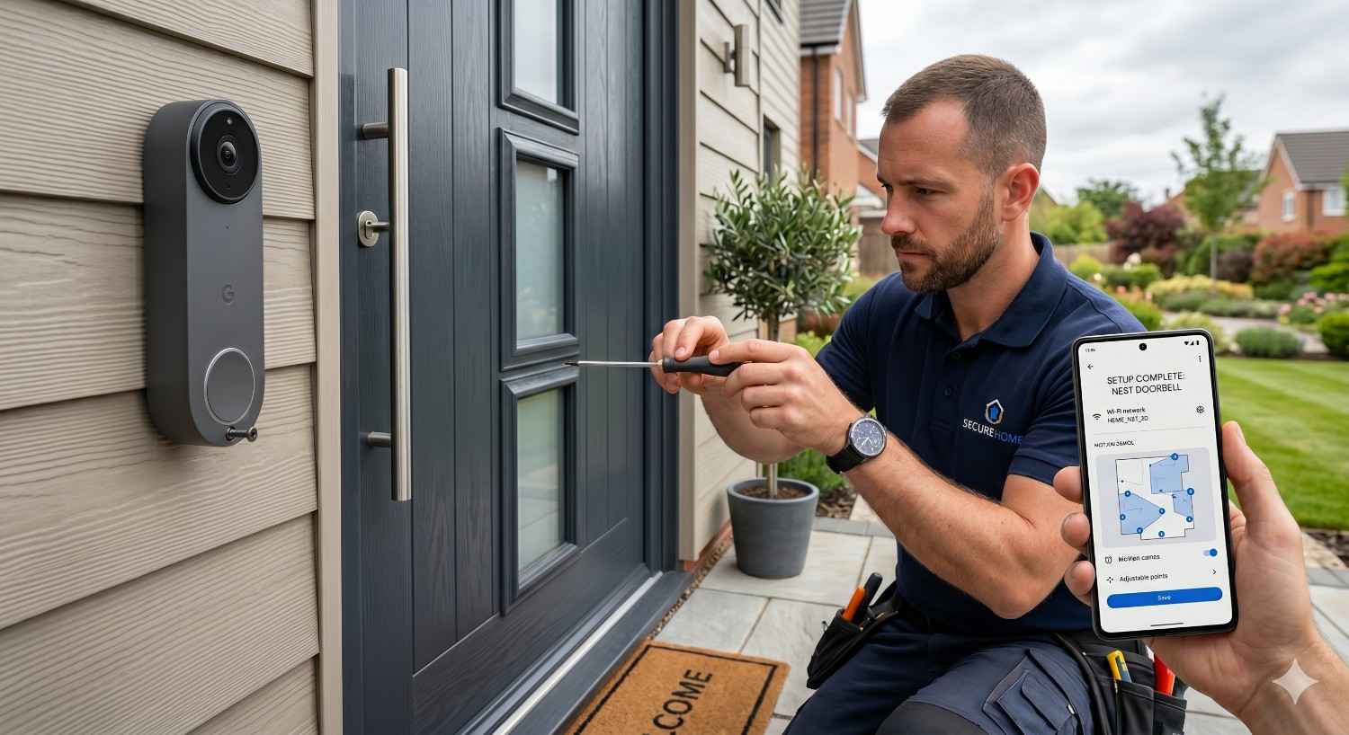 Technician performing smart doorbell installation at a modern home entrance while another person checks setup progress on a smartphone app