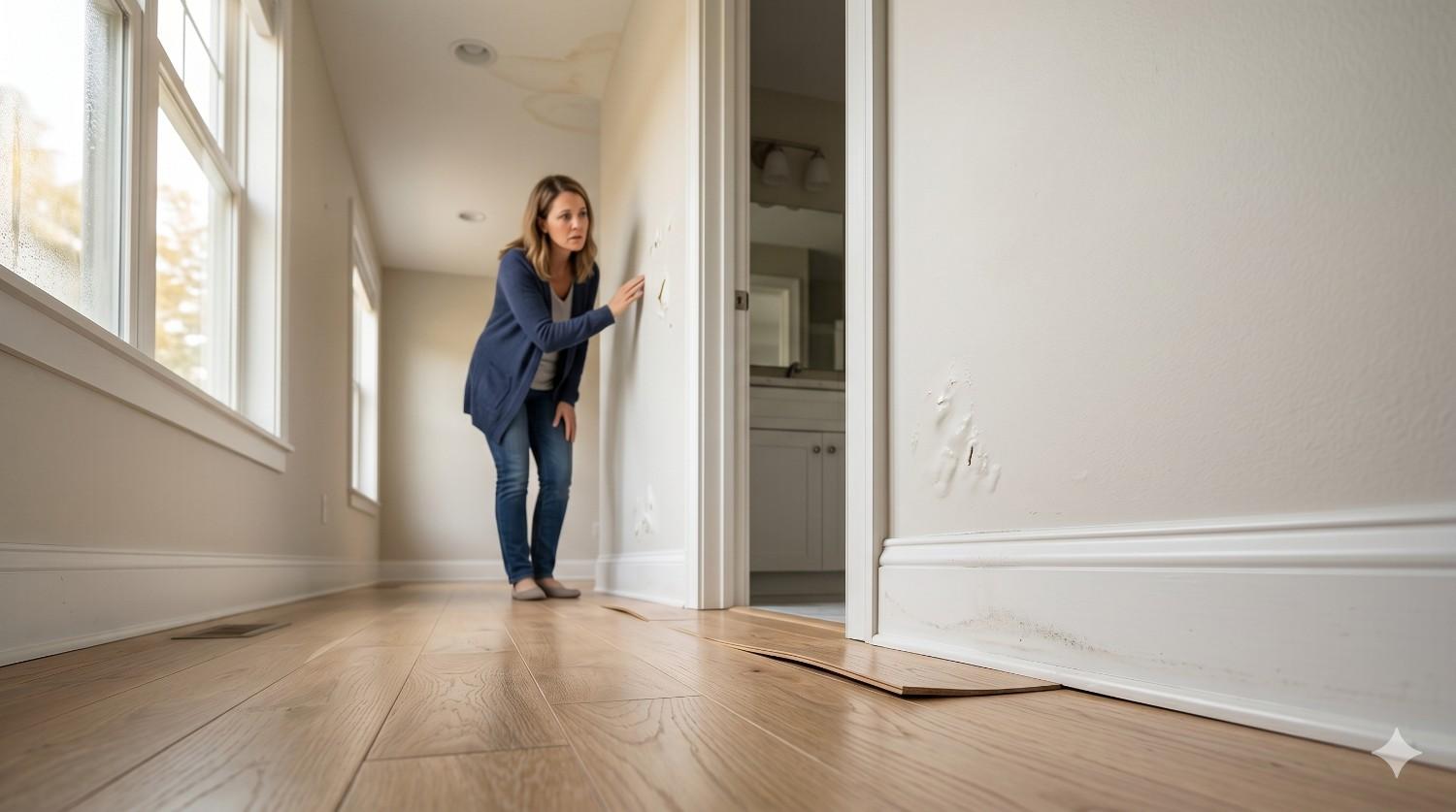 A homeowner inspects water-damaged walls and warped hardwood flooring in a hallway, with visible ceiling stains, bubbling paint, and moisture damage indicating possible leaks or flooding inside the house.