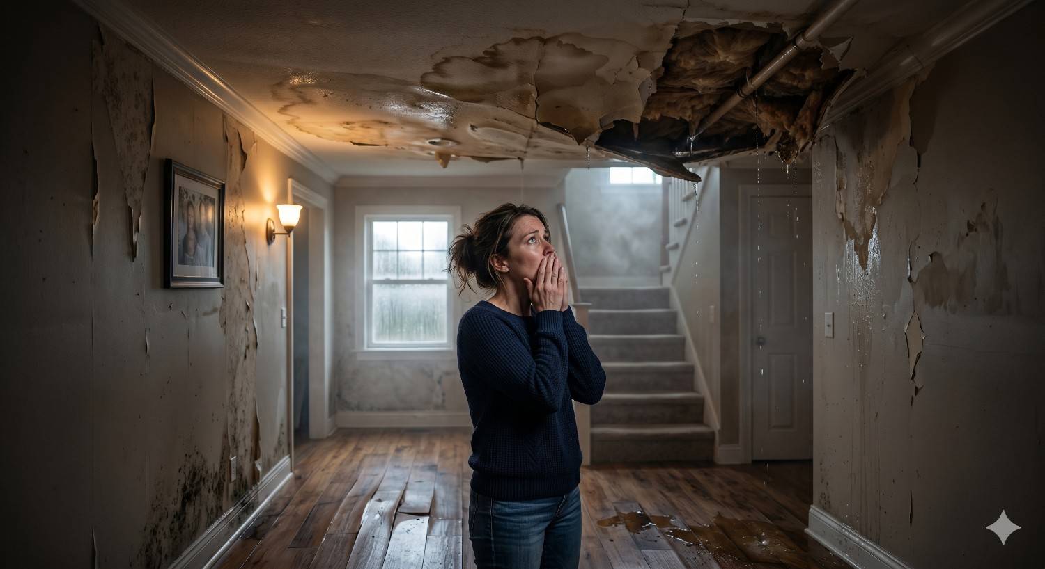 Distressed homeowner stands in a severely water-damaged hallway with collapsing ceiling, peeling walls, mold growth, and leaking pipes overhead. Damaged hardwood floors and dark stains emphasize the devastating impact of flooding, leaks, and neglected home moisture problems.