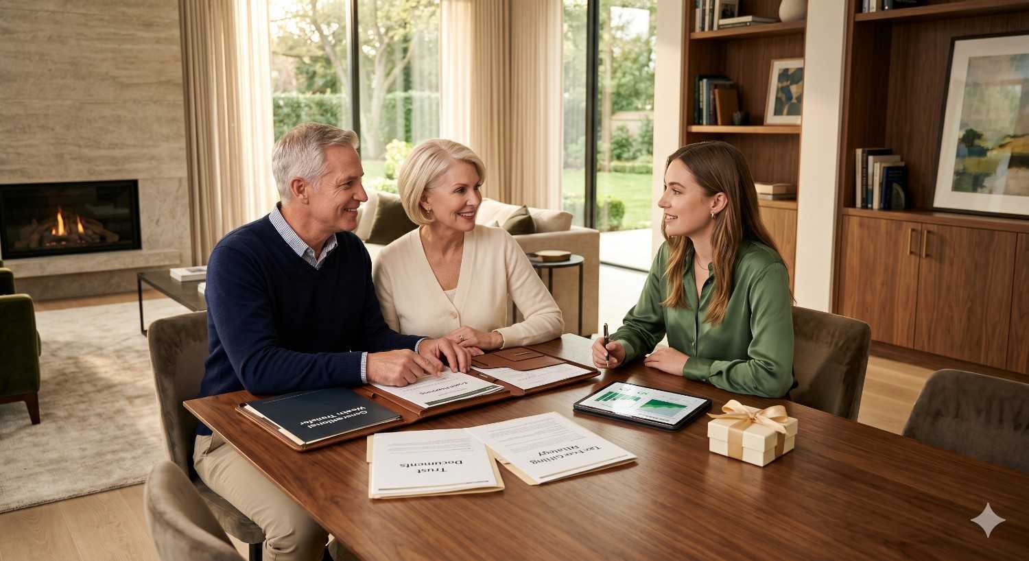 Financial advisor meeting with an older couple at a dining table in a modern home. Documents, folders, and a tablet suggest discussions about estate planning, retirement finances, inheritance, or wealth management services.