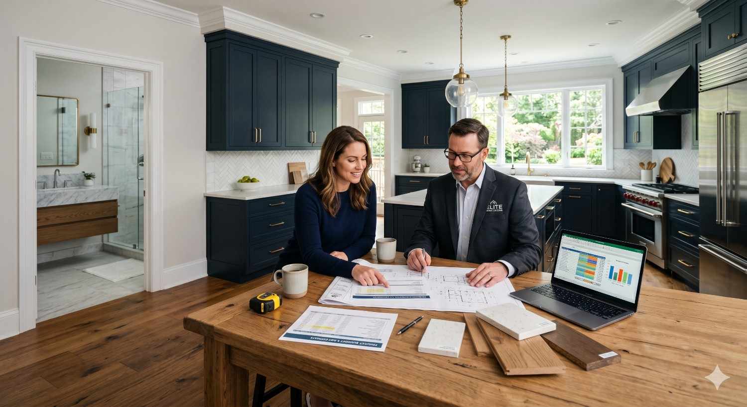 Homeowner meeting with a renovation consultant in a modern kitchen to review remodeling plans, budget charts, and material samples. The updated home features dark blue cabinetry, hardwood floors, stainless steel appliances, and a luxury bathroom visible in the background.