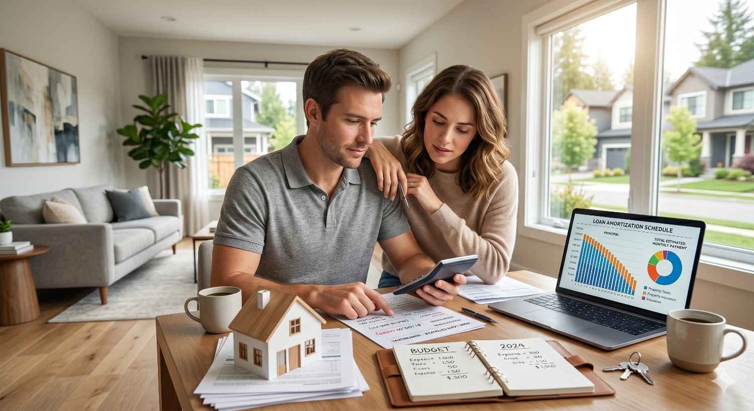 Young couple reviewing mortgage payments and household budget at a kitchen table. A laptop displays a loan amortization chart while financial documents, a calculator, house model, and keys emphasize homeownership planning and monthly expenses.