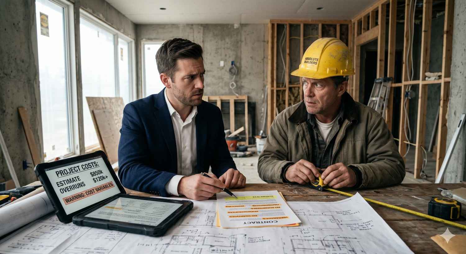 Businessman and construction worker discuss project costs and contract details inside an unfinished building. Blueprints, budgeting documents, and a tablet showing cost overruns highlight concerns about construction expenses and delays.