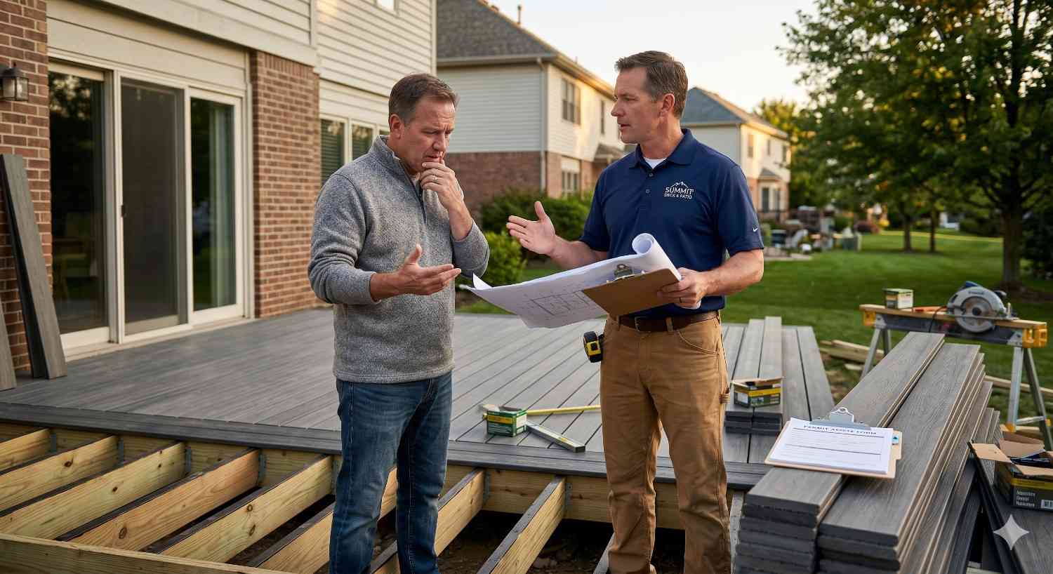 Homeowner and contractor discussing plans during a backyard deck construction project. Partially completed deck framing, composite decking boards, tools, and paperwork are visible in a suburban residential setting at sunset.