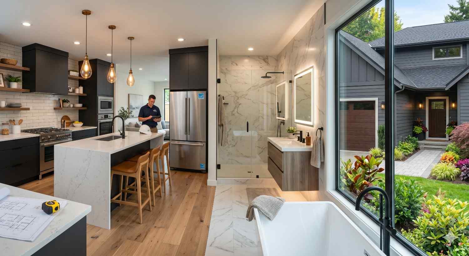 Modern open-concept home interior featuring a renovated kitchen and luxury bathroom with marble finishes, large windows, and contemporary lighting. A landscaped exterior entrance is visible outside, showcasing upscale home remodeling, interior design, and modern residential architecture.