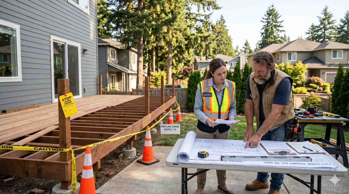 A building inspector and contractor review construction plans beside a partially built backyard deck. Safety cones, caution tape, and permit documents highlight zoning compliance, structural inspection, and residential deck construction at a suburban home site.