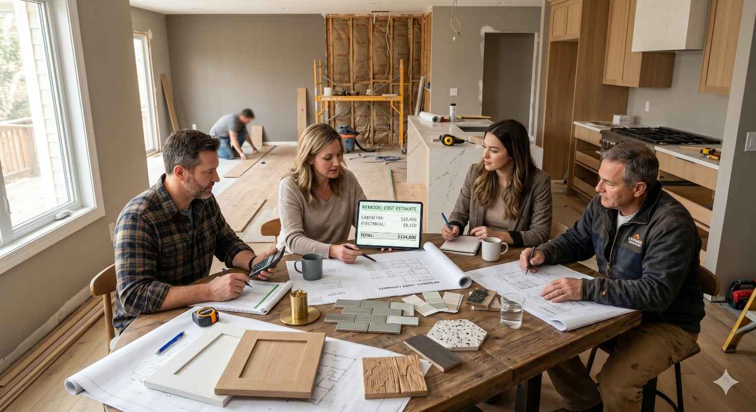 Homeowners and contractors meeting in a partially renovated kitchen to review remodeling plans, cost estimates, and material samples. Blueprints, cabinetry finishes, and tile options are spread across the table while construction work continues in the background.
