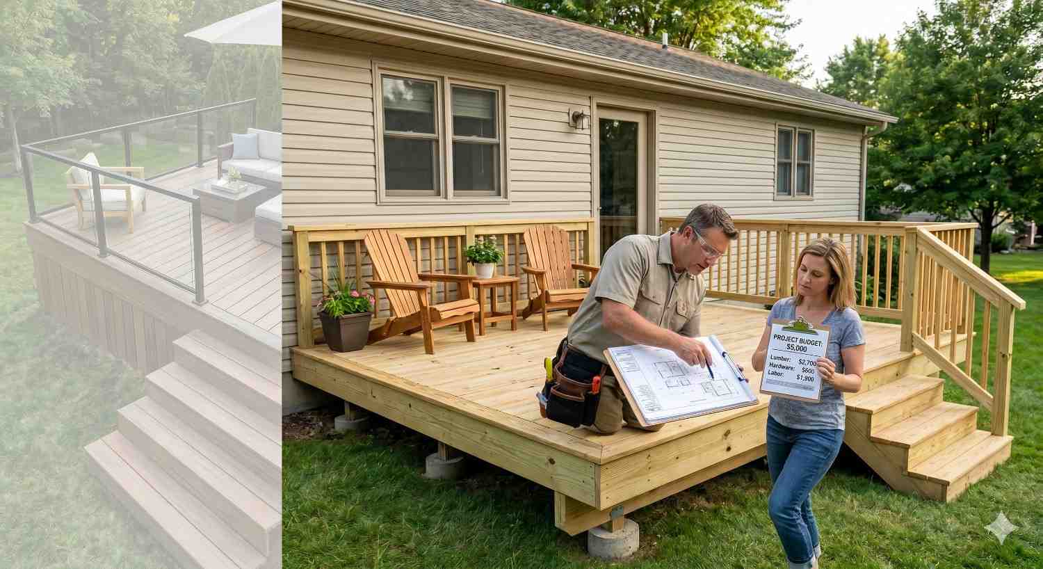 Contractor reviews deck construction plans with a homeowner beside a newly built wooden backyard deck. The homeowner holds a project budget sheet outlining estimated costs, while a faded comparison image shows an upgraded deck design with modern railings. The scene highlights deck planning, budgeting, design choices, construction consultation, and renovation decisions.