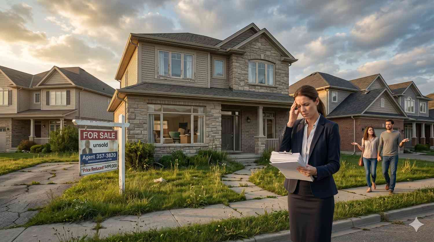 Stressed real estate agent reviews paperwork outside an unsold suburban home with a reduced-price “For Sale” sign. Overgrown landscaping and concerned buyers in the background suggest challenges in the housing market.
