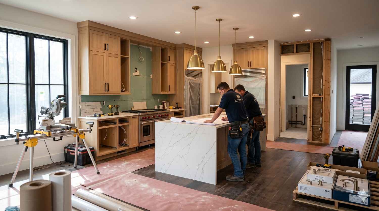 Two contractors review plans in a partially renovated modern kitchen featuring unfinished cabinetry, a marble island, construction tools, and exposed walls. Pendant lights and large windows brighten the workspace during the home remodeling project.