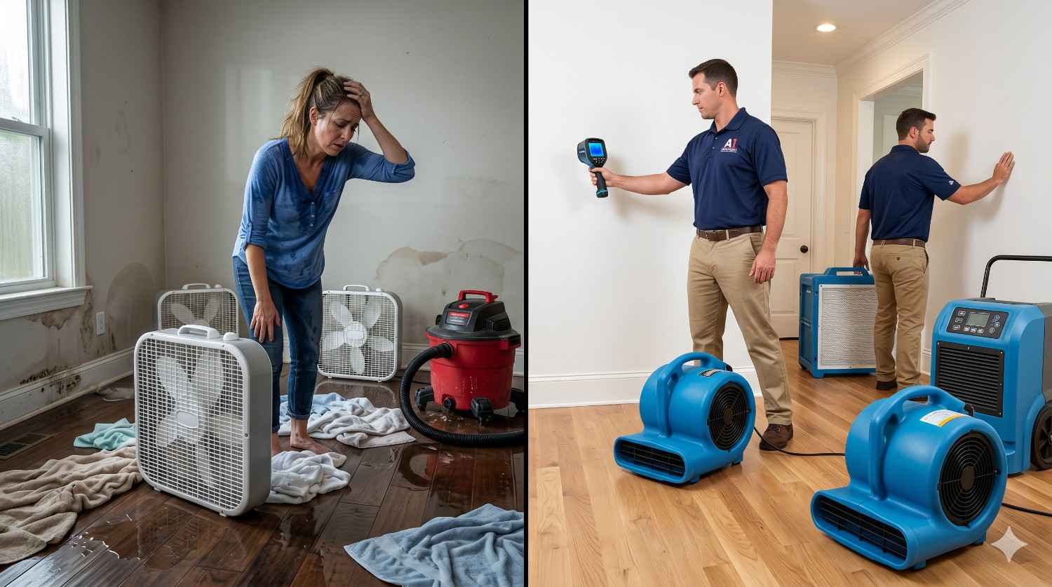 A split-screen comparison shows a stressed homeowner drying water-damaged floors with household fans beside professional restoration technicians using industrial air movers, dehumidifiers, and moisture detection equipment in a repaired home.