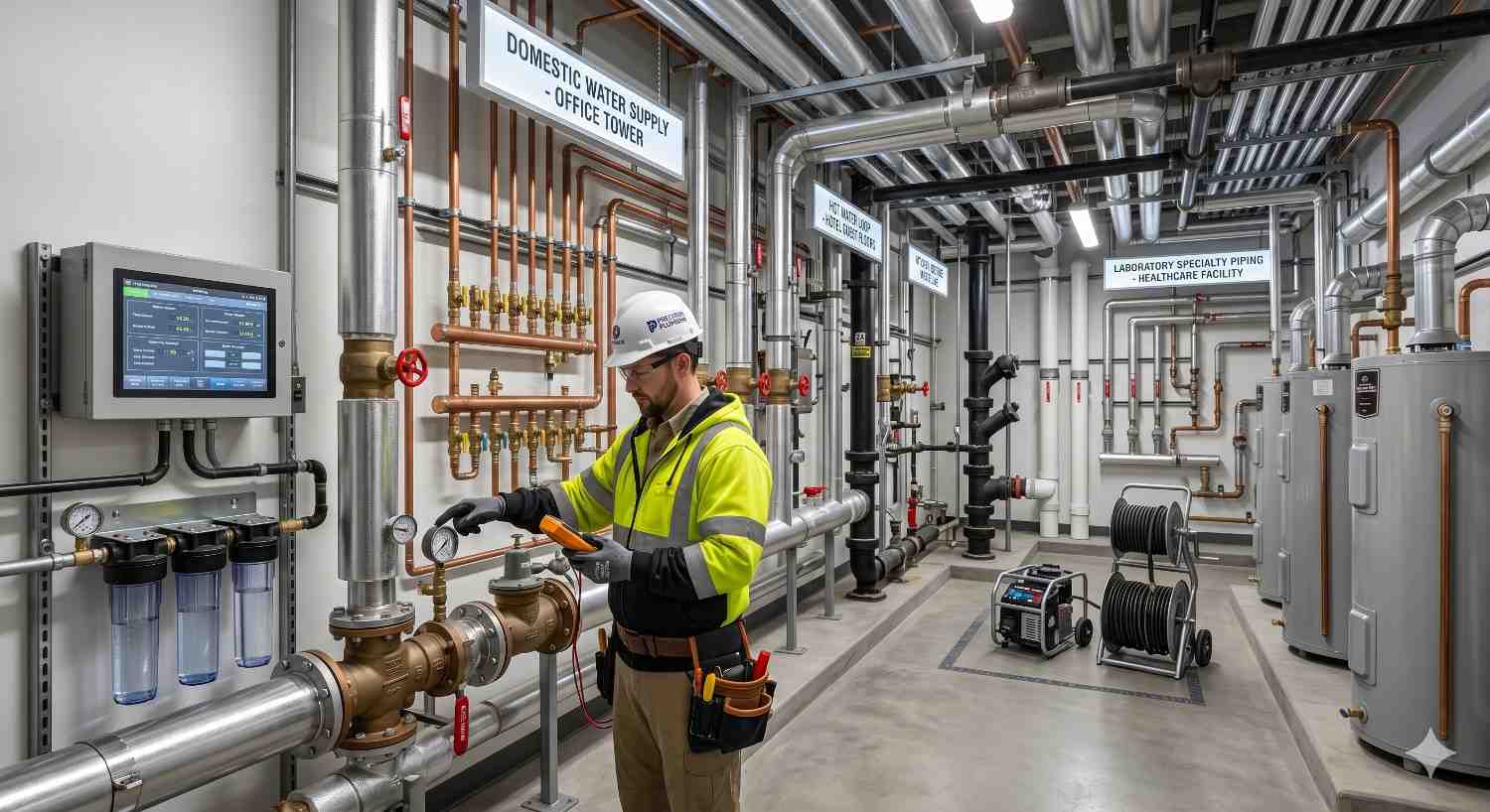Technician inspects and services a commercial water supply system inside a mechanical room filled with pipes, valves, gauges, filtration equipment, and water heaters. Digital monitoring controls are mounted on the wall while specialized plumbing infrastructure supports multiple building systems. The image highlights industrial plumbing maintenance, water management, safety, and facility operations.