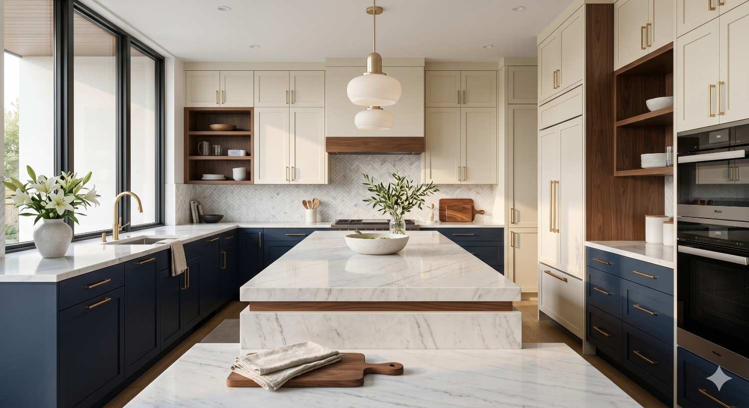 A modern luxury kitchen features white and navy cabinetry, marble countertops, gold hardware, built-in appliances, and a large center island beneath pendant lighting, with natural light streaming through expansive windows.
