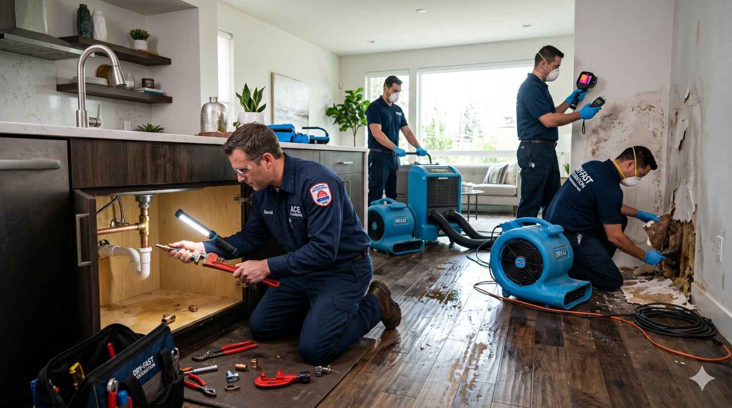 Water damage restoration team repairs a flooded home interior using plumbing, moisture detection, and structural drying equipment. Technicians inspect under-sink plumbing, remove water-damaged drywall, measure moisture levels, and operate commercial air movers and dehumidifiers. Scene highlights emergency water mitigation, leak detection, mold prevention, flood cleanup, and comprehensive property restoration services.