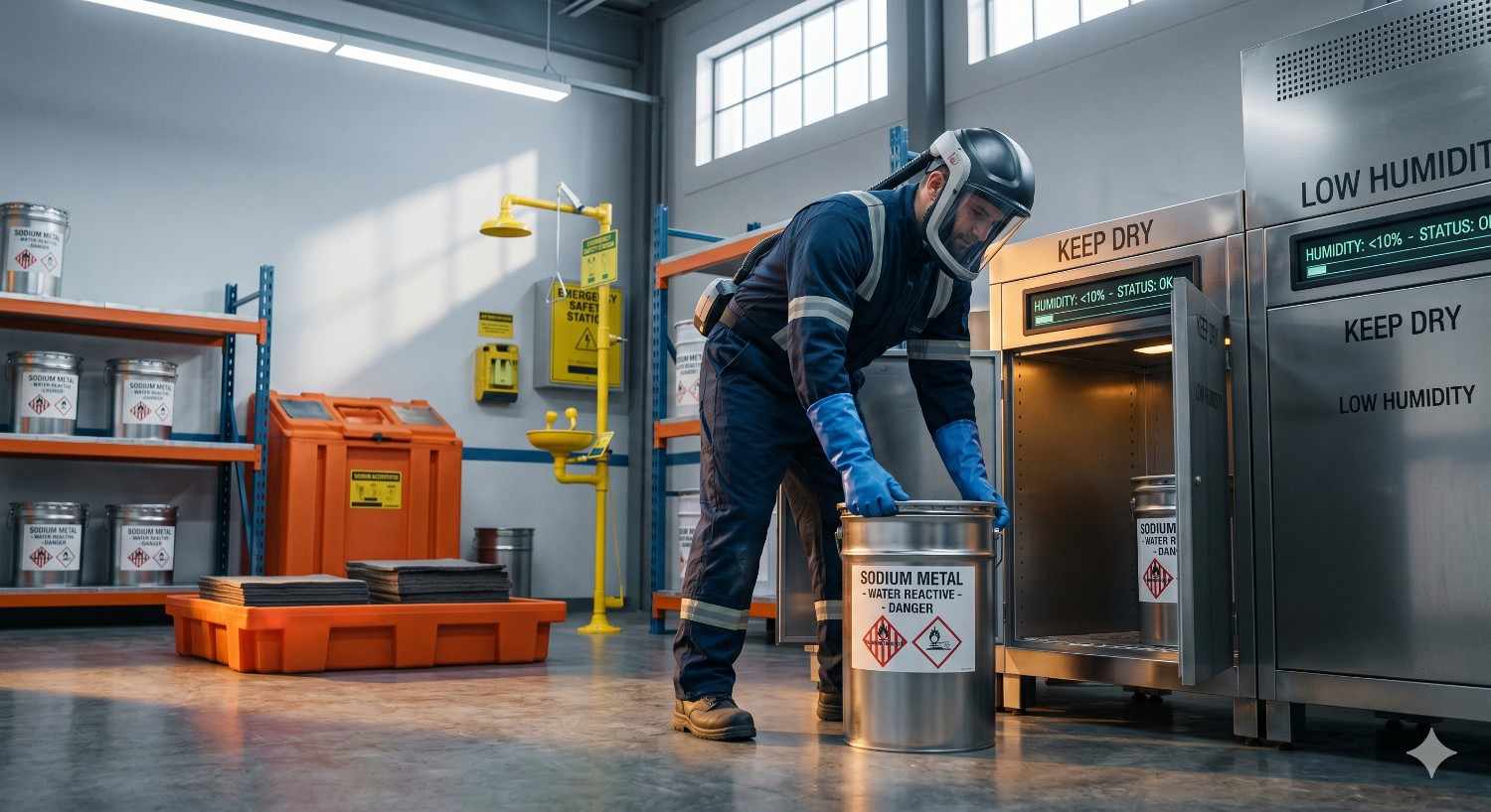 A worker wearing protective gear and a face shield handles a container labeled “Sodium Metal – Water Reactive” inside an industrial chemical storage facility. The room features low-humidity cabinets, safety equipment, and warning signs emphasizing dry storage conditions for hazardous materials.