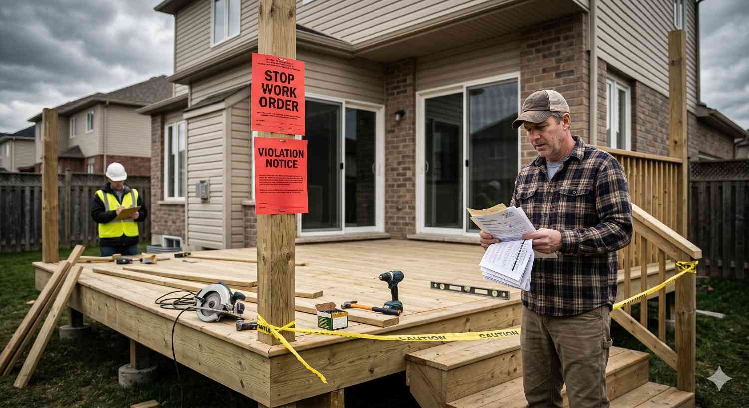 Homeowner reviews paperwork beside a newly built backyard deck marked with stop-work and violation notices. Caution tape, construction tools, and an inspector in the background highlight permit issues, inspection concerns, and a halted construction project under cloudy skies.