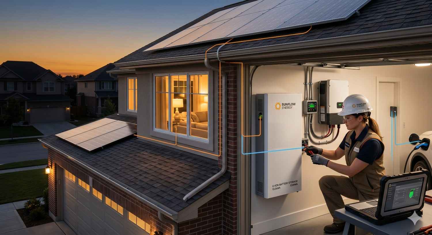 Technician installing a solar battery system in a modern home garage with rooftop solar panels, EV charger, and energy storage setup for efficient Solar Battery Installation
