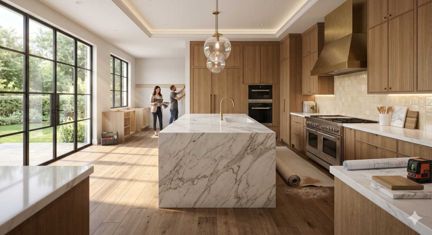 Modern luxury kitchen under renovation with a large marble waterfall island, wood cabinetry, stainless steel appliances, and floor-to-ceiling windows. Two people review measurements near unfinished cabinets while construction tools and blueprints sit on the counters.