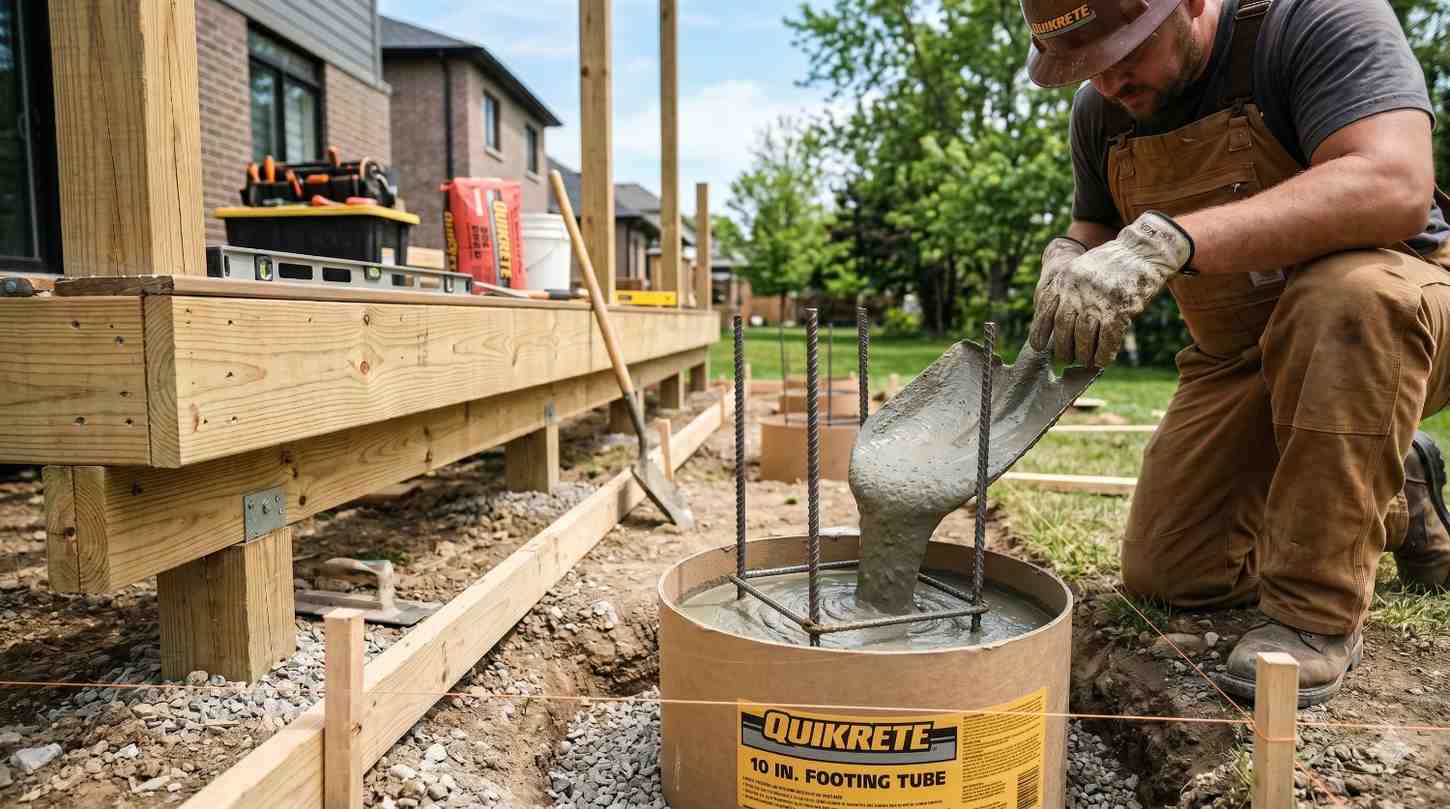 Construction workers install reinforced concrete footings beneath an elevated backyard deck. One worker pours concrete into cylindrical footing forms while another measures and levels a completed footing. Rebar cages, gravel bases, deck support posts, tools, and construction materials are visible, highlighting foundation preparation, structural stability, and professional deck-building practices.