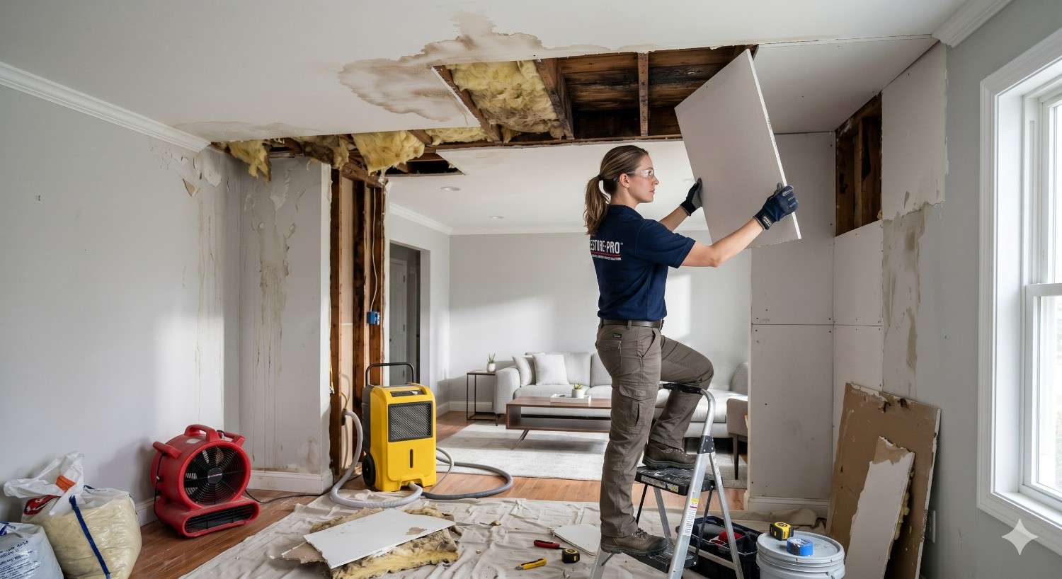 Technician installing drywall after leak damage, performing ceiling & wall water repair with exposed beams, insulation, and drying equipment in a residential living room