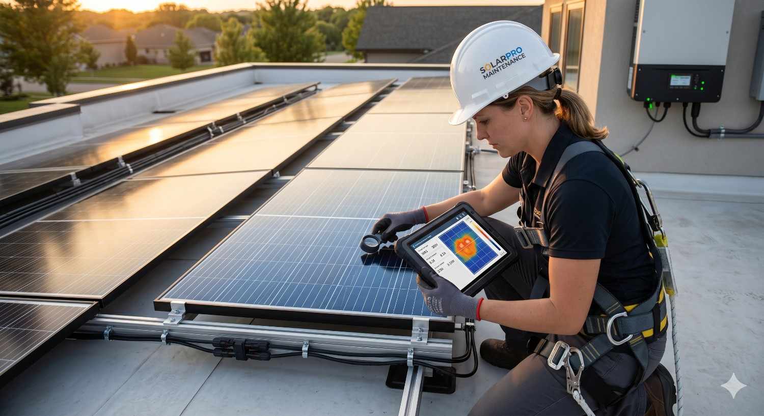 Technician performing a solar panel inspection on a residential rooftop using a tablet to analyze performance data at sunset
