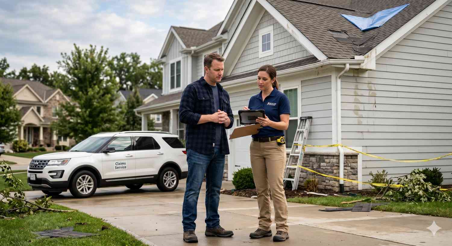 A homeowner speaks with an insurance or restoration representative outside a storm-damaged house with roof tarping, debris, and caution tape, while a claims service vehicle is parked in the driveway.