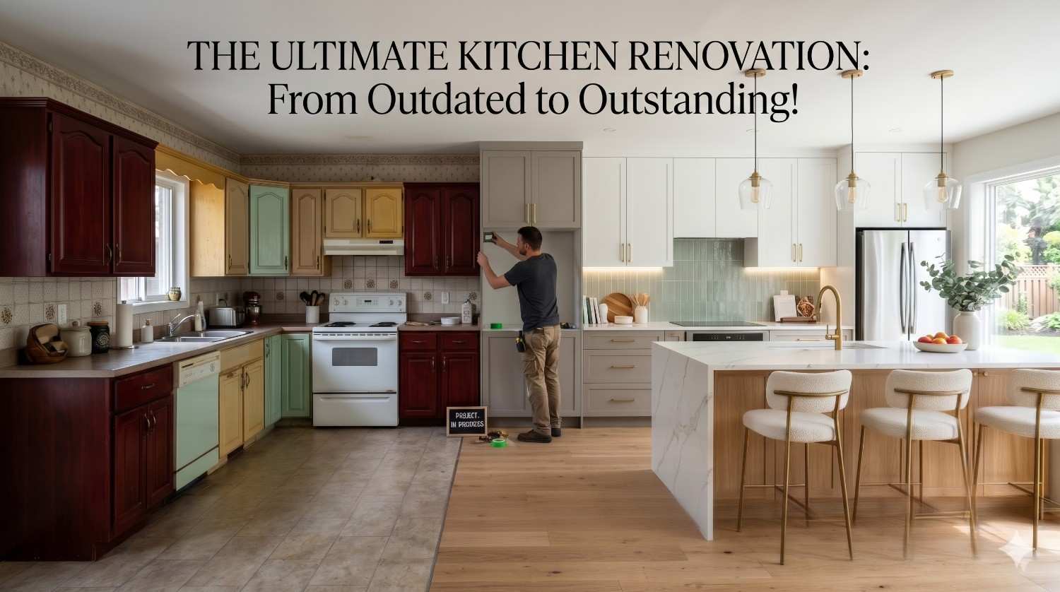 Kitchen renovation transformation showing an outdated kitchen beside a modern remodeled space with white cabinetry, a large island, pendant lighting, and updated appliances. A contractor works on finishing touches during the renovation.