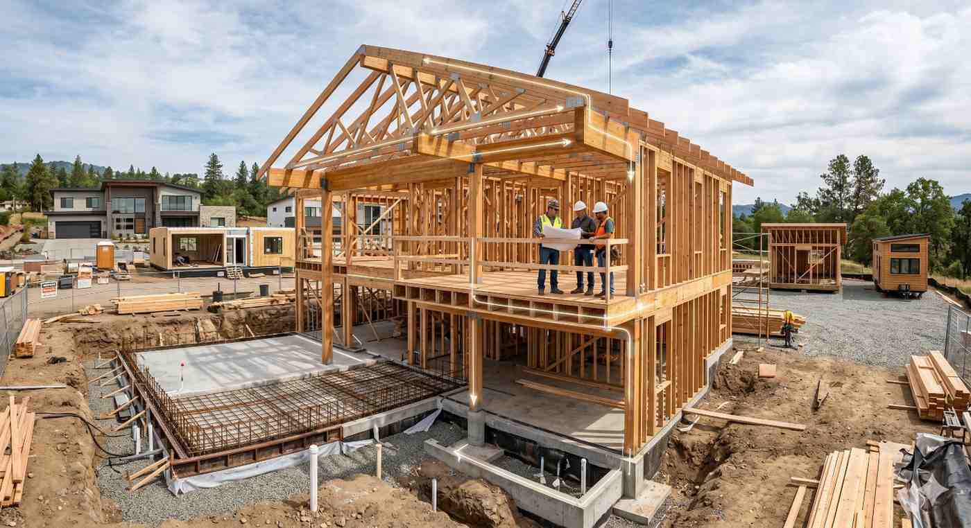 Wood framed two story house under construction with exposed beams, roof trusses, and foundation work at an active residential development site Construction workers review blueprints from the upper level while concrete slabs, plumbing lines, and lumber materials surround the structure Nearby modular homes and modern residences highlight ongoing suburban community growth and building progress outdoors
