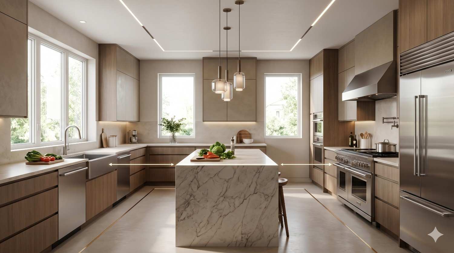 Modern minimalist kitchen with wood cabinetry, marble island, stainless steel appliances, and pendant lighting. Clean lines, large windows, and subtle layout markings emphasize the spacious, functional contemporary design.