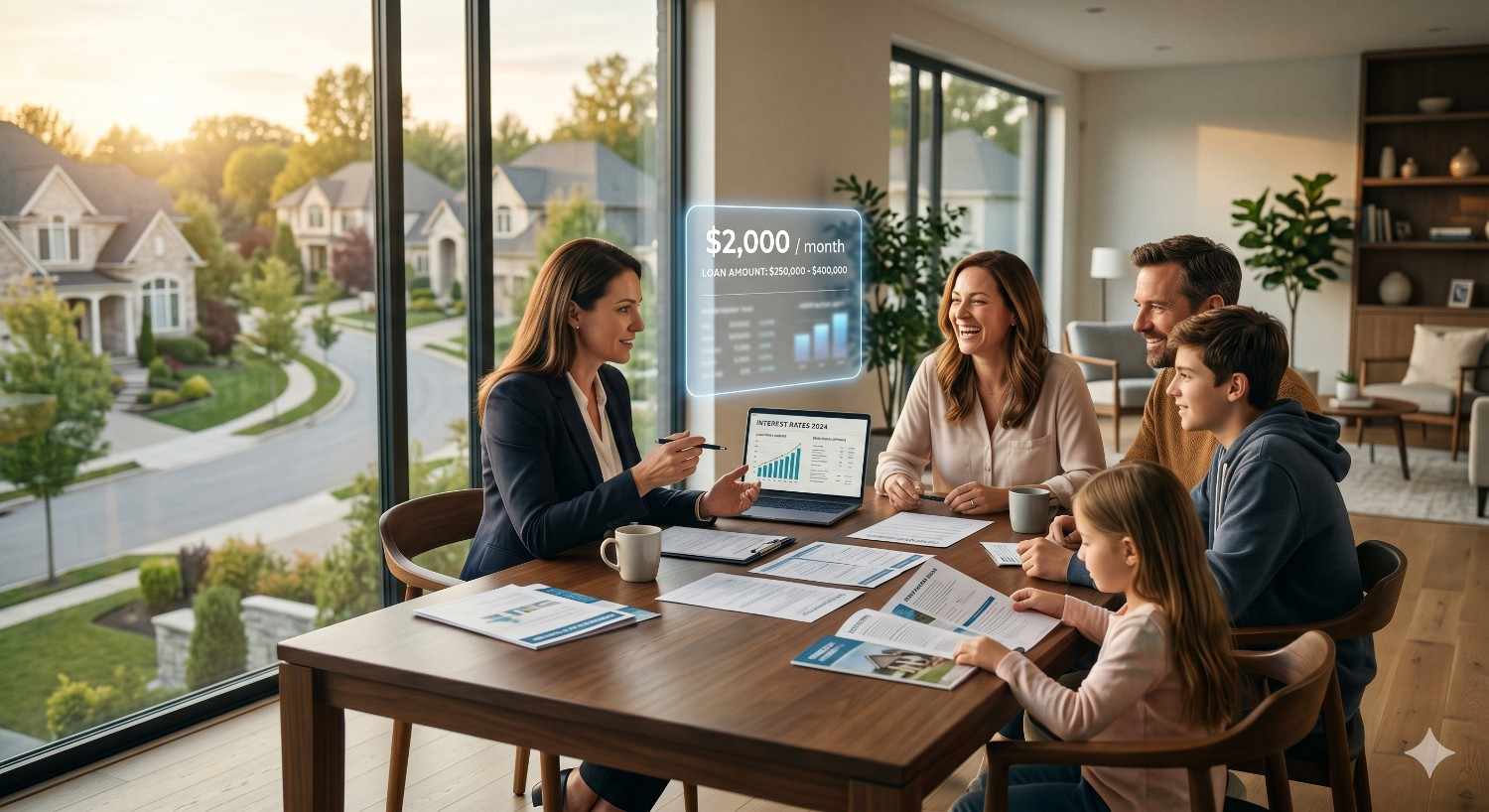 Real estate advisor meeting with a family in a modern home to discuss mortgage payments and home financing options. Documents, charts, and a digital loan estimate display on the table, illustrating financial planning, home buying consultation, and residential mortgage budgeting in a bright living space.