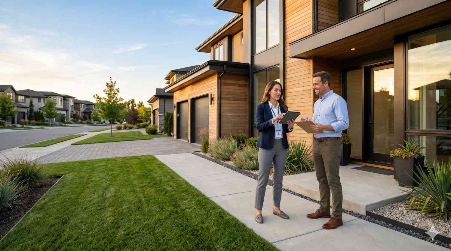 Real estate or property management professional reviews documents with a homeowner outside a modern suburban house. They stand on a landscaped walkway discussing information displayed on a tablet and clipboard.