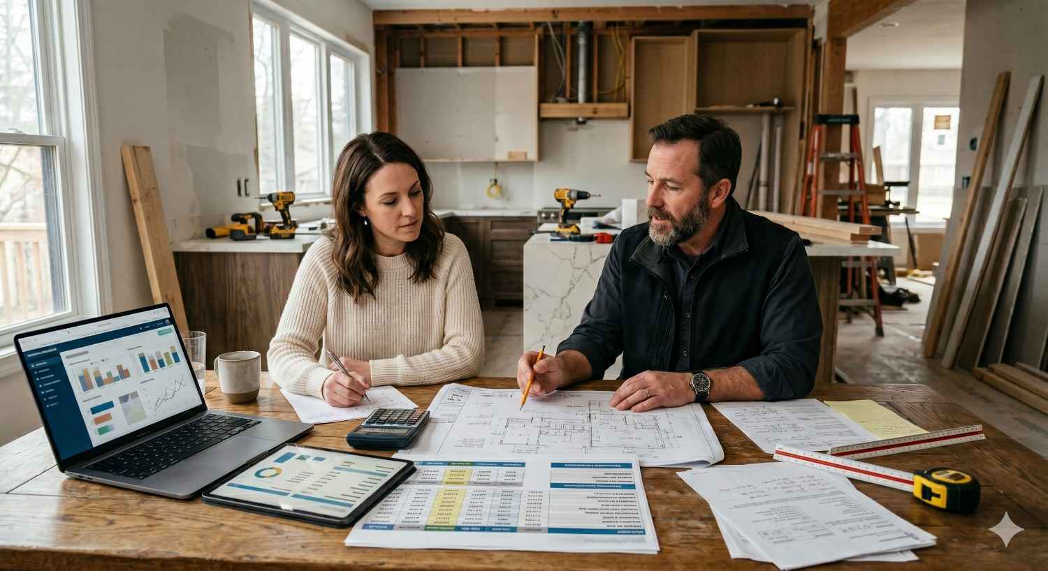 Homeowners reviewing renovation plans and budgeting documents with a contractor at a kitchen remodel site. Blueprints, cost spreadsheets, calculator, and digital reports are spread across the table, illustrating home renovation planning, construction budgeting, and project management in a partially renovated interior.