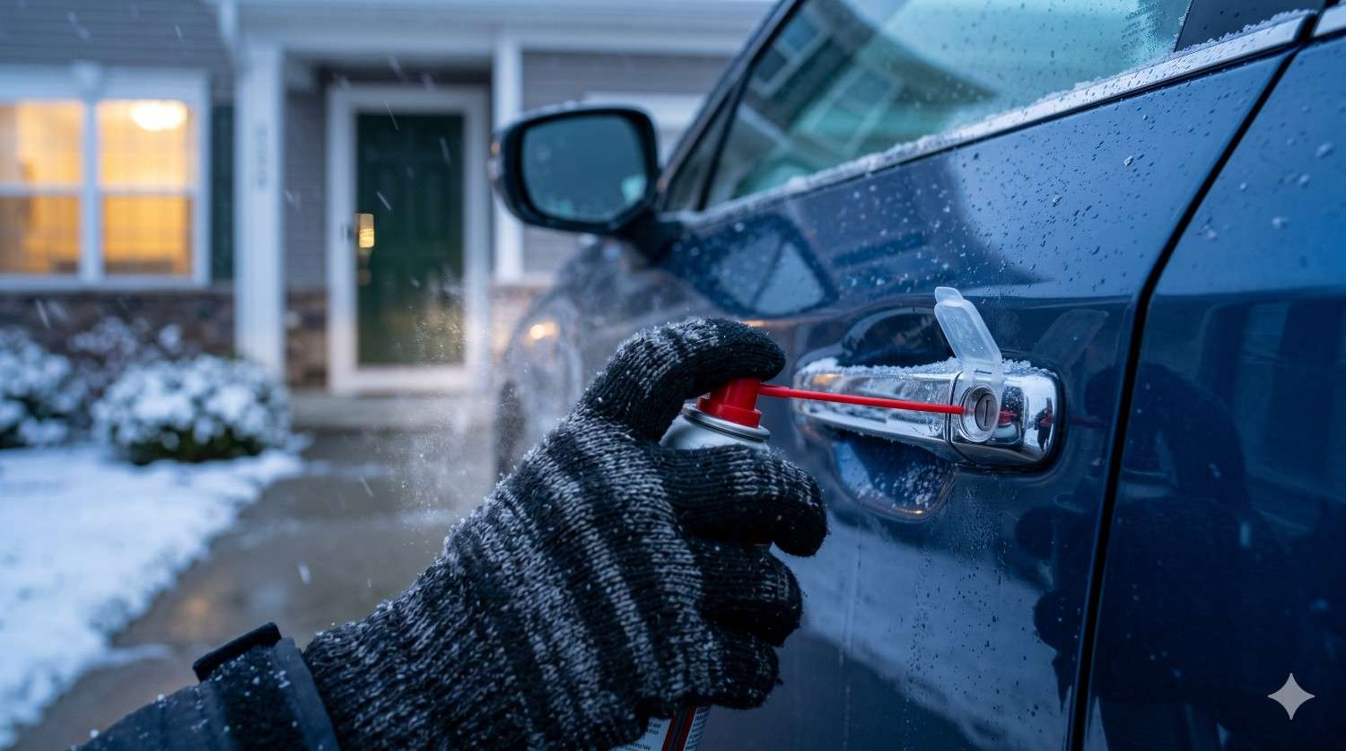 Gloved hand sprays de-icer into a frozen car door lock on a snowy winter day. Ice and frost cover the vehicle handle while a nearby home and cold weather conditions highlight efforts to unlock a frozen car door.